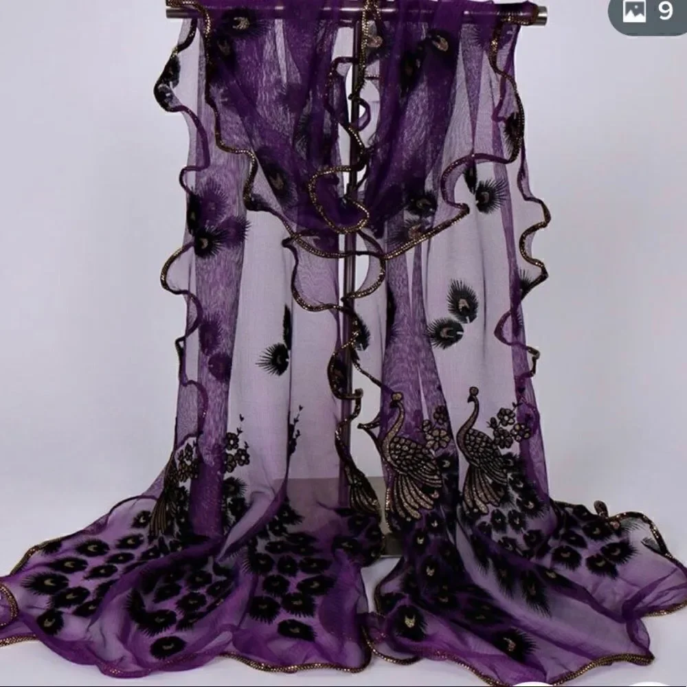 NWT Scarf/Wrap beautiful so much detail peacock floral embroidery chiffo…